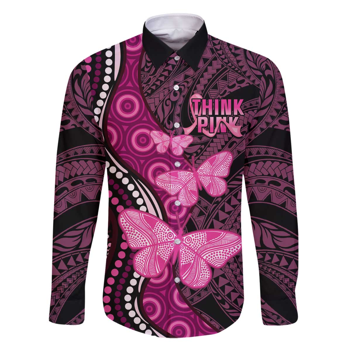 Think Pink Breast Cancer Awareness Family Matching Off Shoulder Short Dress and Hawaiian Shirt Butterfly Aboriginal Mix Polynesian Pattern LT14 Dad's Shirt - Long Sleeve Pink - Polynesian Pride
