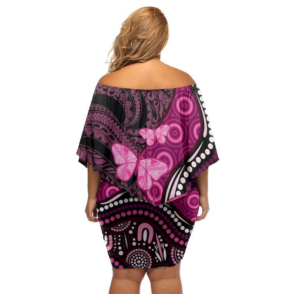 Think Pink Breast Cancer Awareness Family Matching Off Shoulder Short Dress and Hawaiian Shirt Butterfly Aboriginal Mix Polynesian Pattern LT14 - Polynesian Pride
