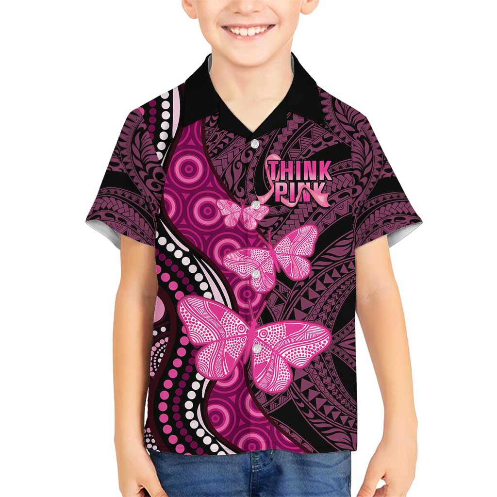 Think Pink Breast Cancer Awareness Family Matching Puletasi and Hawaiian Shirt Butterfly Aboriginal Mix Polynesian Pattern LT14 Son's Shirt Pink - Polynesian Pride