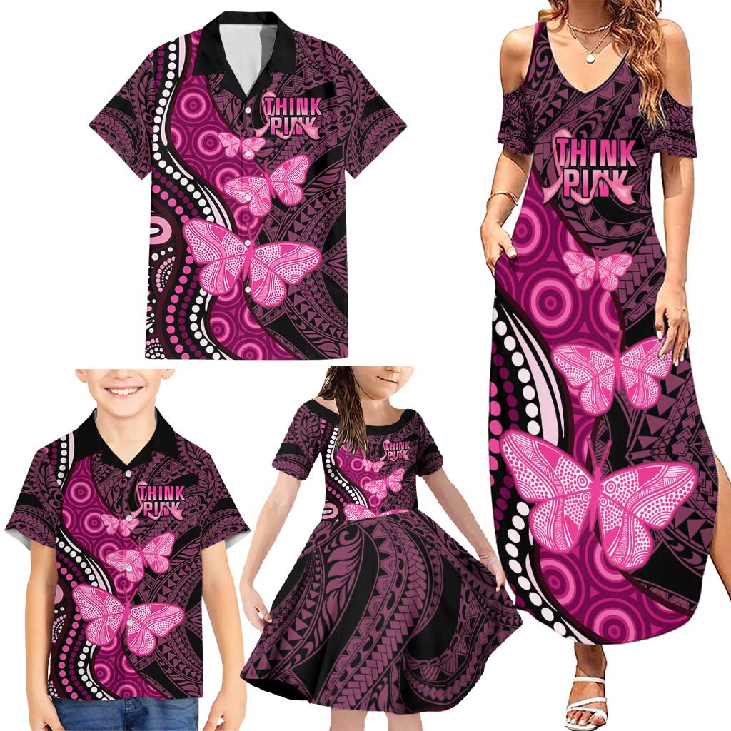 Think Pink Breast Cancer Awareness Family Matching Summer Maxi Dress and Hawaiian Shirt Butterfly Aboriginal Mix Polynesian Pattern LT14 - Polynesian Pride