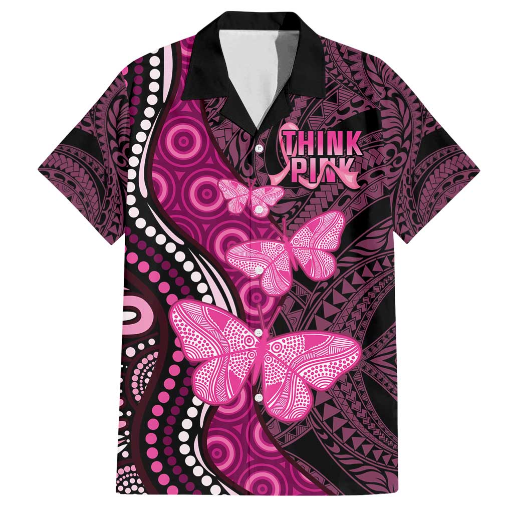 Think Pink Breast Cancer Awareness Family Matching Summer Maxi Dress and Hawaiian Shirt Butterfly Aboriginal Mix Polynesian Pattern LT14 Dad's Shirt - Short Sleeve Pink - Polynesian Pride