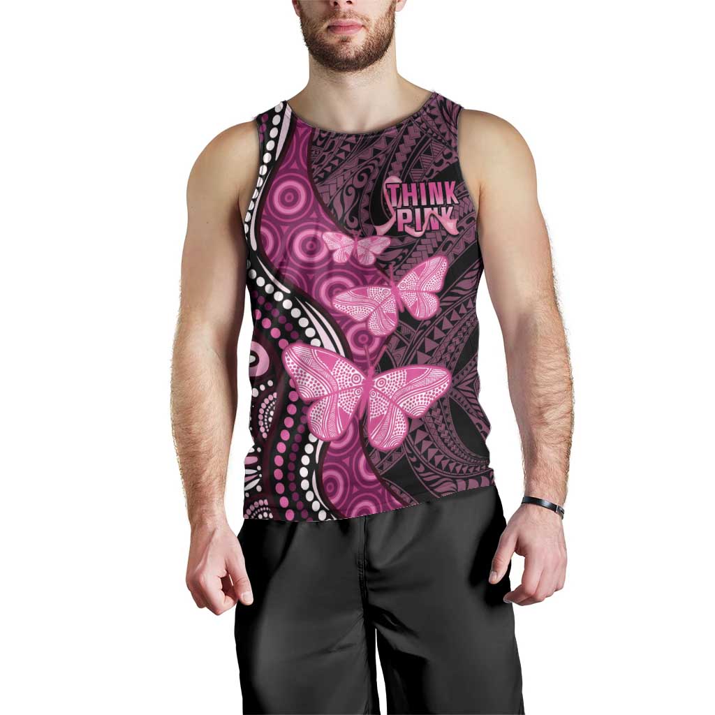 Think Pink Breast Cancer Awareness Men Tank Top Butterfly Aboriginal Mix Polynesian Pattern LT14 - Polynesian Pride