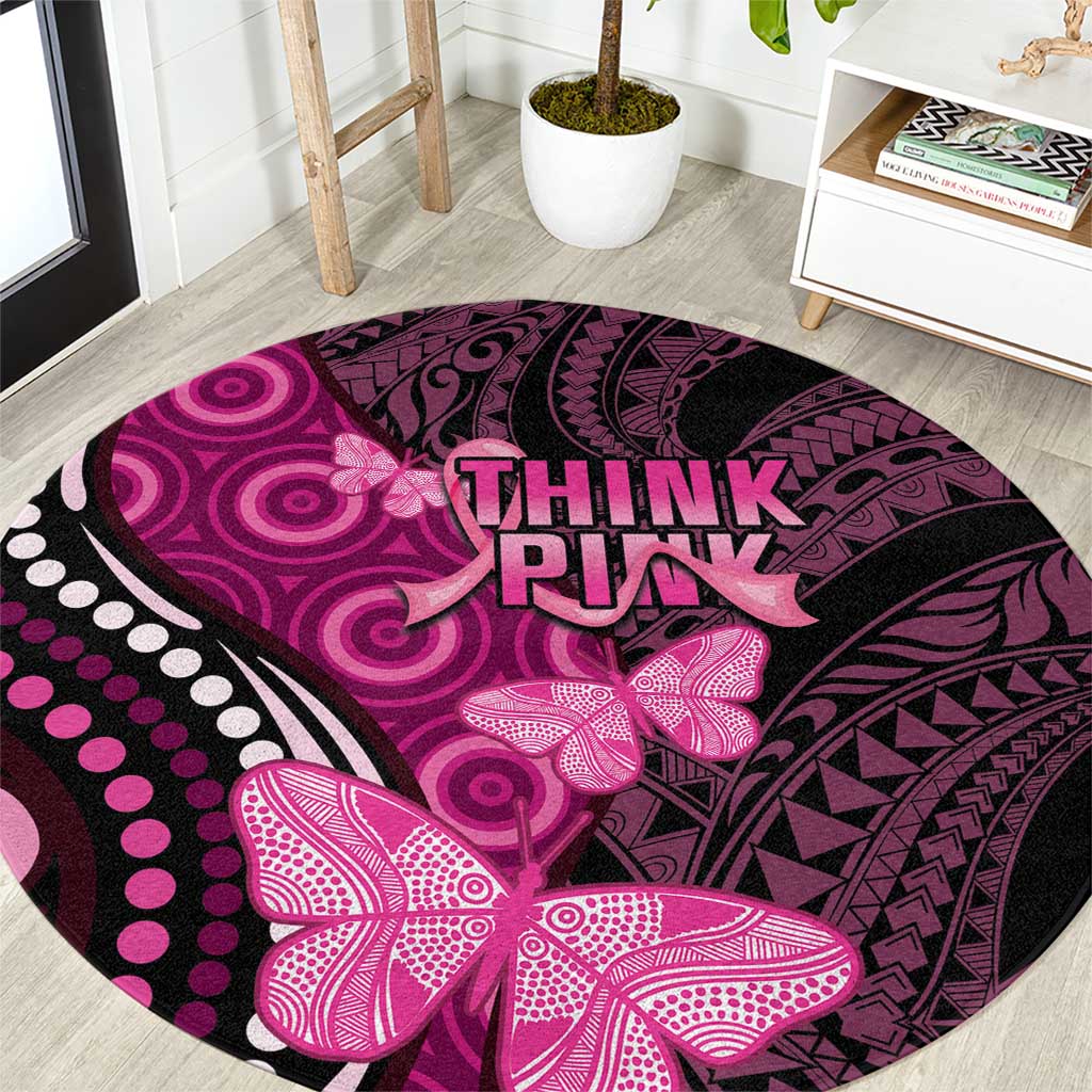 Think Pink Breast Cancer Awareness Round Carpet Butterfly Aboriginal Mix Polynesian Pattern