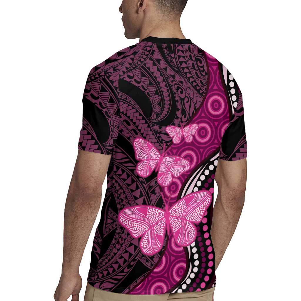 Think Pink Breast Cancer Awareness Rugby Jersey Butterfly Aboriginal Mix Polynesian Pattern