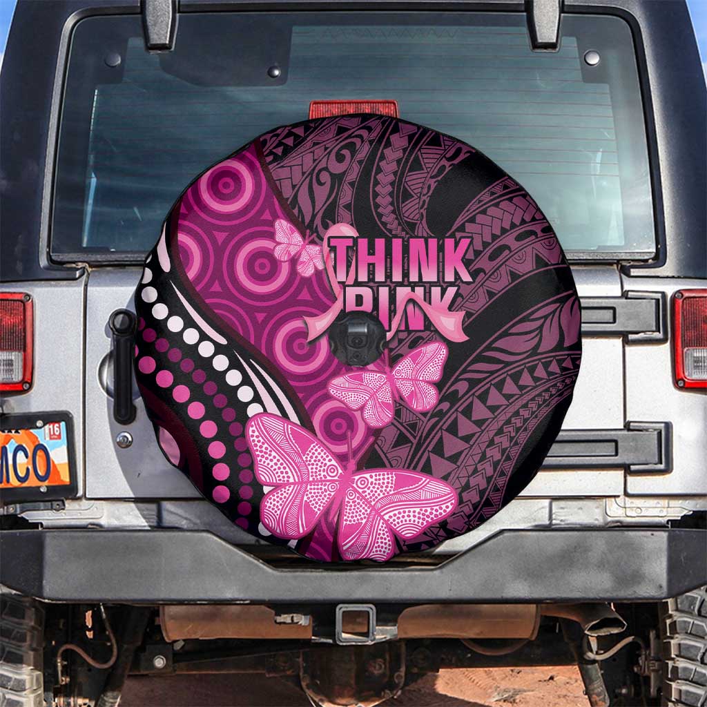 Think Pink Breast Cancer Awareness Spare Tire Cover Butterfly Aboriginal Mix Polynesian Pattern