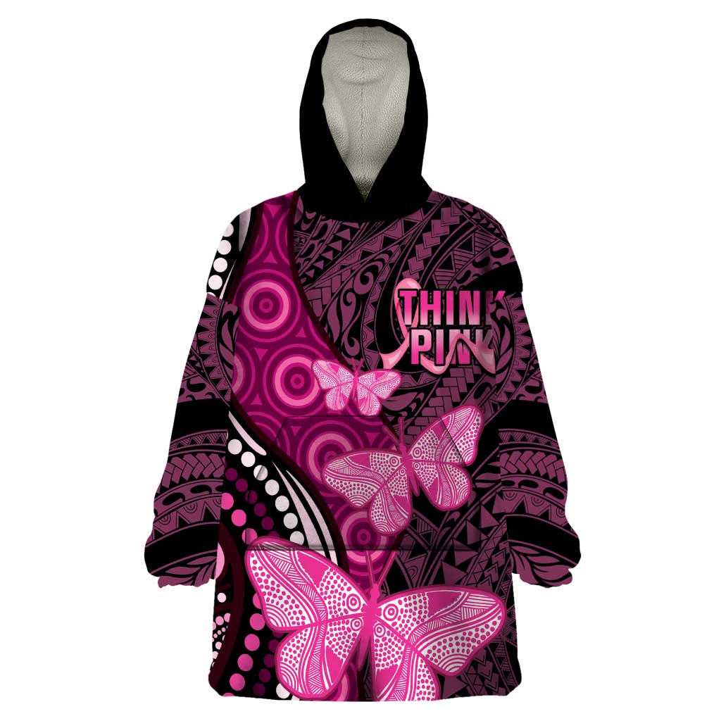 Think Pink Breast Cancer Awareness Wearable Blanket Hoodie Butterfly Aboriginal Mix Polynesian Pattern LT14 One Size Pink - Polynesian Pride