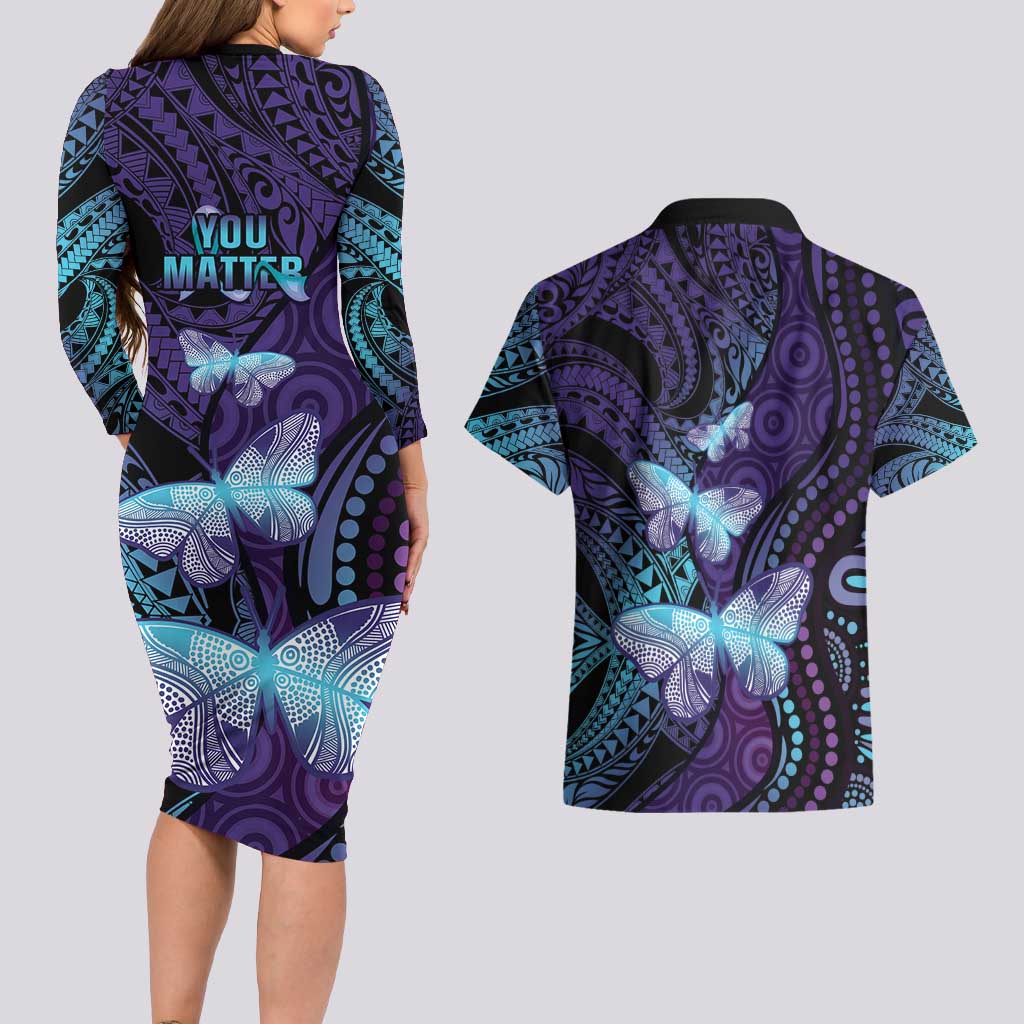 You Matter Suicide Prevention Awareness Couples Matching Long Sleeve Bodycon Dress and Hawaiian Shirt Butterfly Aboriginal Mix Polynesian Pattern