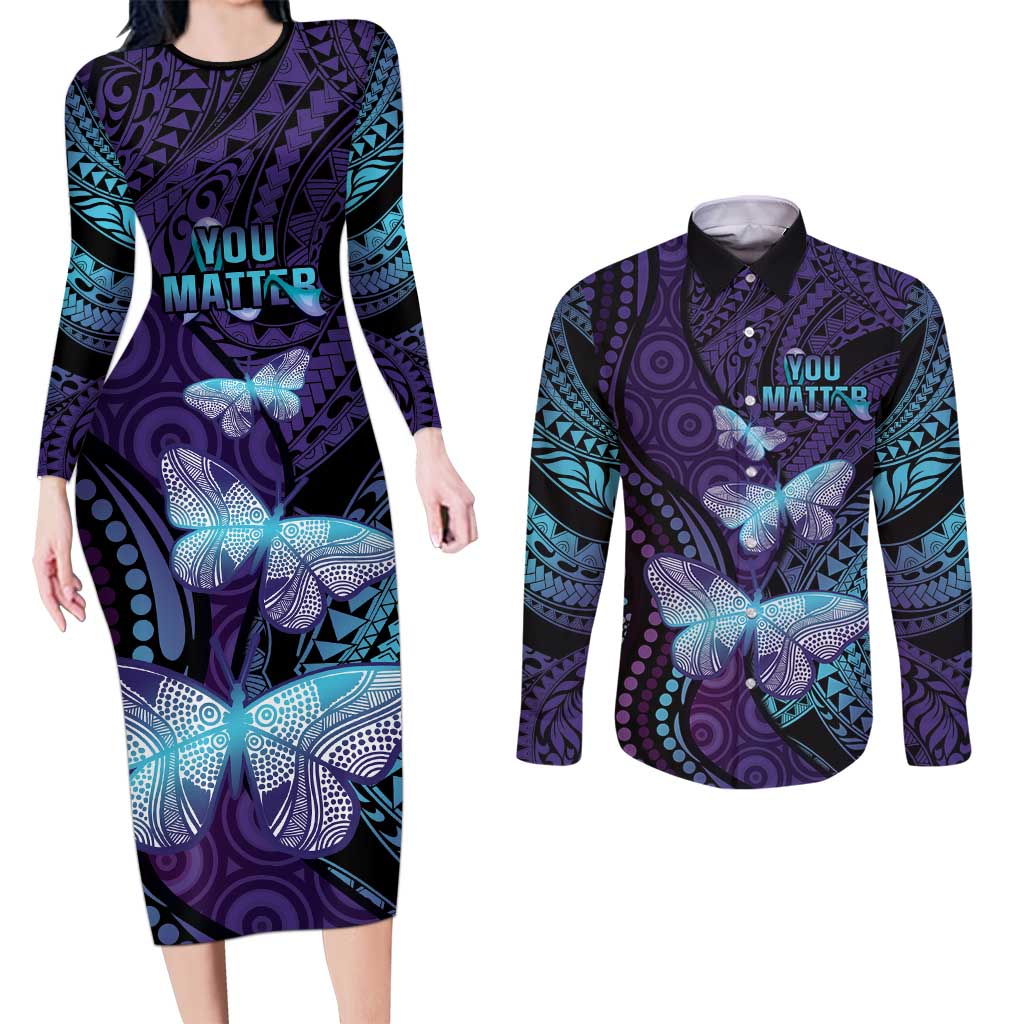 You Matter Suicide Prevention Awareness Couples Matching Long Sleeve Bodycon Dress and Long Sleeve Button Shirt Butterfly Aboriginal Mix Polynesian Pattern LT14 Purple - Polynesian Pride