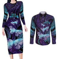 You Matter Suicide Prevention Awareness Couples Matching Long Sleeve Bodycon Dress and Long Sleeve Button Shirt Butterfly Aboriginal Mix Polynesian Pattern LT14 Purple - Polynesian Pride