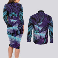 You Matter Suicide Prevention Awareness Couples Matching Long Sleeve Bodycon Dress and Long Sleeve Button Shirt Butterfly Aboriginal Mix Polynesian Pattern LT14 - Polynesian Pride