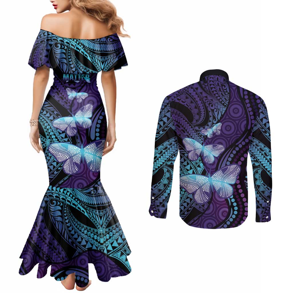 You Matter Suicide Prevention Awareness Couples Matching Mermaid Dress and Long Sleeve Button Shirt Butterfly Aboriginal Mix Polynesian Pattern LT14 - Polynesian Pride