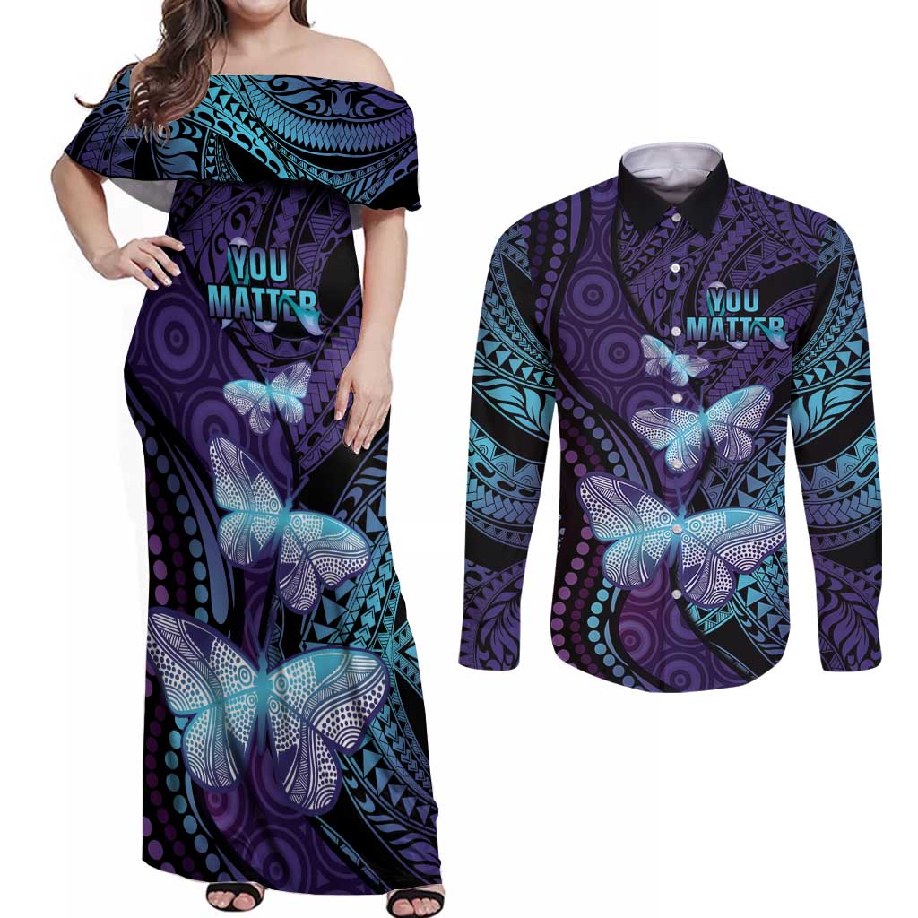 You Matter Suicide Prevention Awareness Couples Matching Off Shoulder Maxi Dress and Long Sleeve Button Shirt Butterfly Aboriginal Mix Polynesian Pattern LT14 Purple - Polynesian Pride