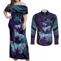You Matter Suicide Prevention Awareness Couples Matching Off Shoulder Maxi Dress and Long Sleeve Button Shirt Butterfly Aboriginal Mix Polynesian Pattern LT14 Purple - Polynesian Pride