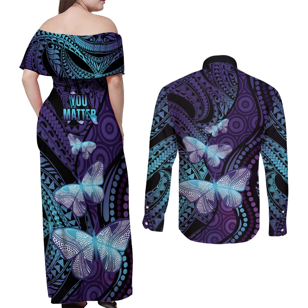 You Matter Suicide Prevention Awareness Couples Matching Off Shoulder Maxi Dress and Long Sleeve Button Shirt Butterfly Aboriginal Mix Polynesian Pattern LT14 - Polynesian Pride