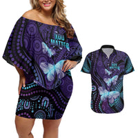 You Matter Suicide Prevention Awareness Couples Matching Off Shoulder Short Dress and Hawaiian Shirt Butterfly Aboriginal Mix Polynesian Pattern LT14 Purple - Polynesian Pride