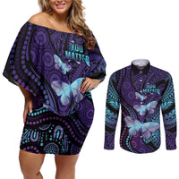 You Matter Suicide Prevention Awareness Couples Matching Off Shoulder Short Dress and Long Sleeve Button Shirt Butterfly Aboriginal Mix Polynesian Pattern LT14 Purple - Polynesian Pride