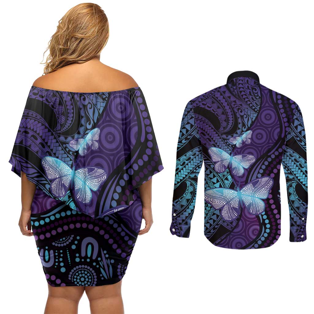 You Matter Suicide Prevention Awareness Couples Matching Off Shoulder Short Dress and Long Sleeve Button Shirt Butterfly Aboriginal Mix Polynesian Pattern LT14 - Polynesian Pride