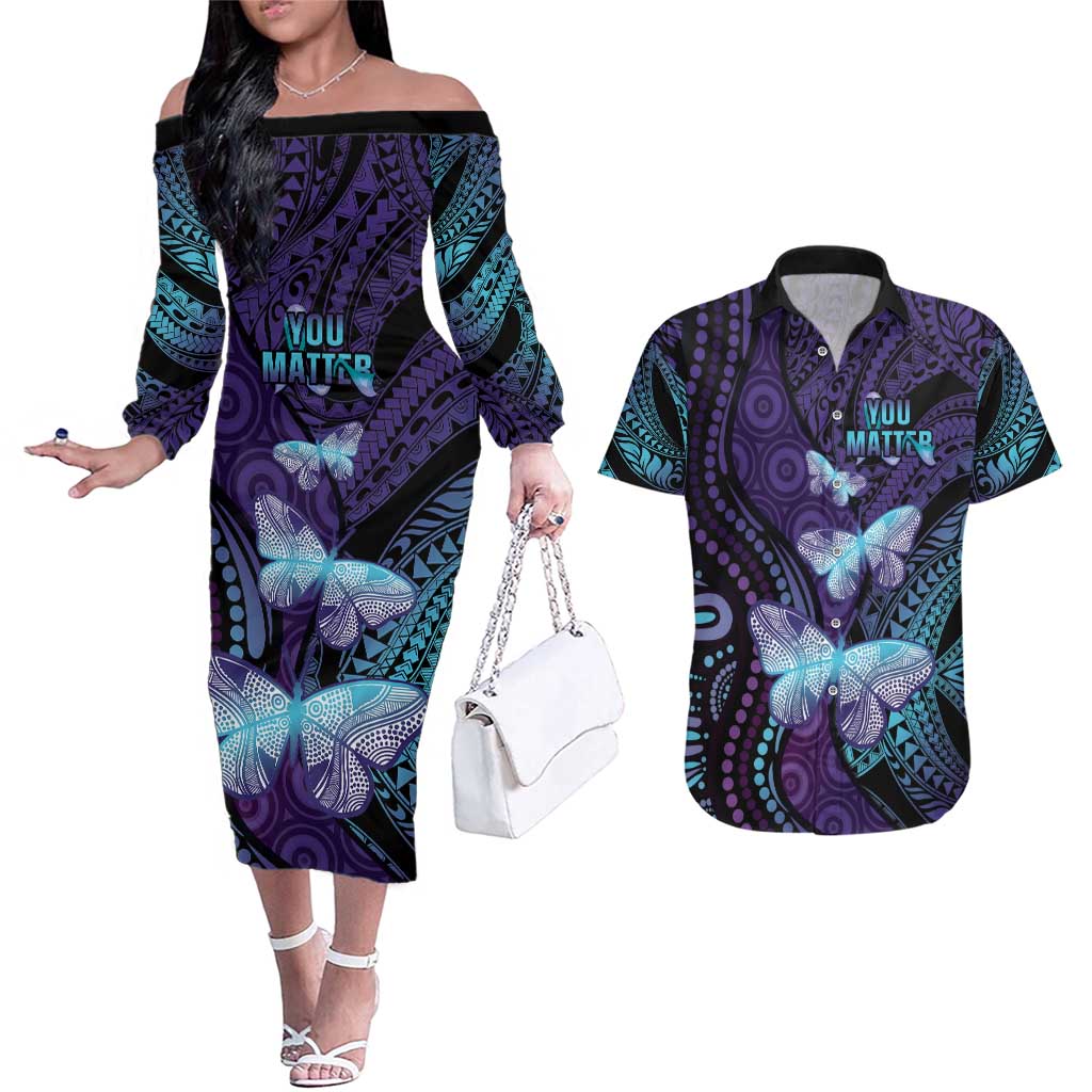 You Matter Suicide Prevention Awareness Couples Matching Off The Shoulder Long Sleeve Dress and Hawaiian Shirt Butterfly Aboriginal Mix Polynesian Pattern LT14 Purple - Polynesian Pride