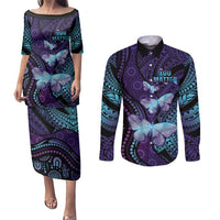 You Matter Suicide Prevention Awareness Couples Matching Puletasi and Long Sleeve Button Shirt Butterfly Aboriginal Mix Polynesian Pattern LT14 Purple - Polynesian Pride