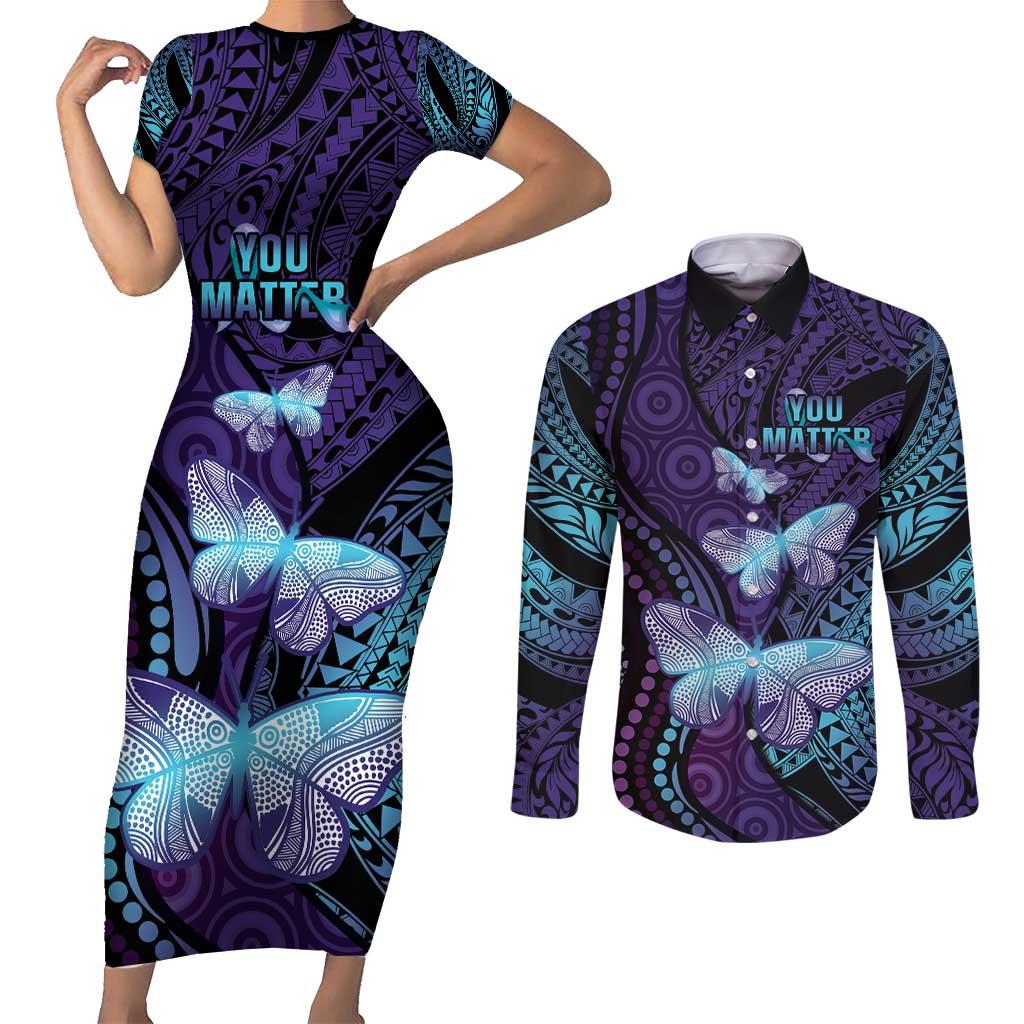 You Matter Suicide Prevention Awareness Couples Matching Short Sleeve Bodycon Dress and Long Sleeve Button Shirt Butterfly Aboriginal Mix Polynesian Pattern LT14 Purple - Polynesian Pride