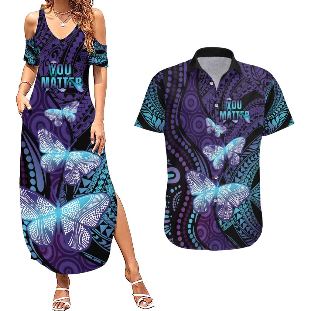 You Matter Suicide Prevention Awareness Couples Matching Summer Maxi Dress and Hawaiian Shirt Butterfly Aboriginal Mix Polynesian Pattern LT14 Purple - Polynesian Pride