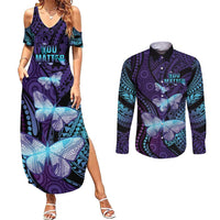 You Matter Suicide Prevention Awareness Couples Matching Summer Maxi Dress and Long Sleeve Button Shirt Butterfly Aboriginal Mix Polynesian Pattern LT14 Purple - Polynesian Pride
