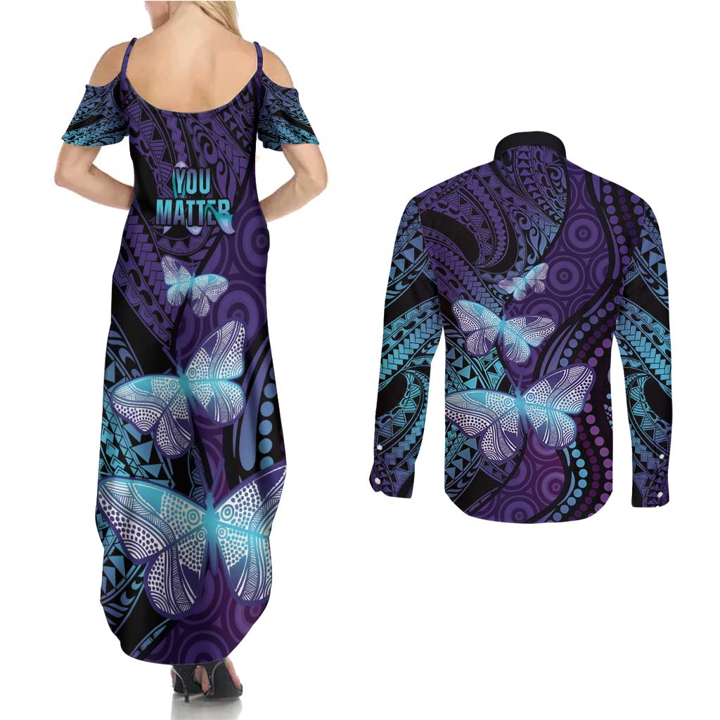 You Matter Suicide Prevention Awareness Couples Matching Summer Maxi Dress and Long Sleeve Button Shirt Butterfly Aboriginal Mix Polynesian Pattern LT14 - Polynesian Pride