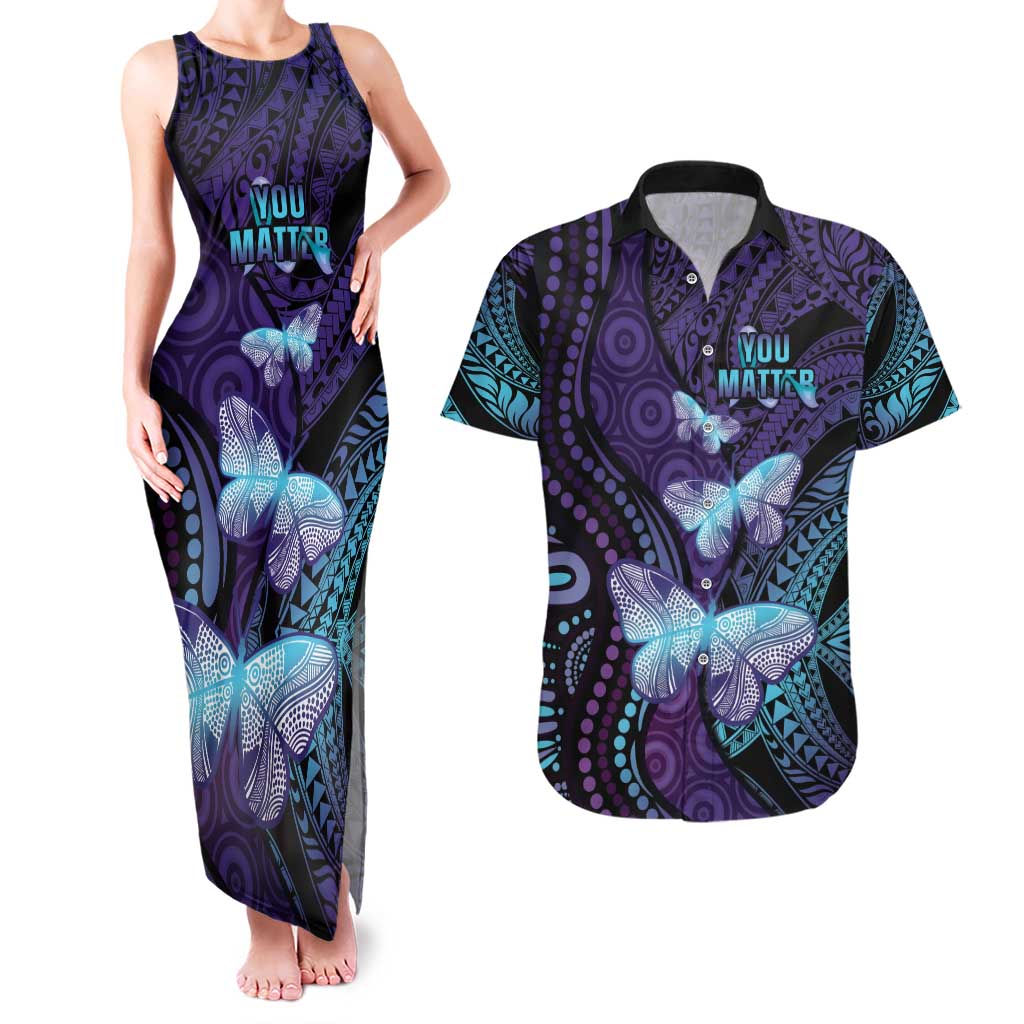 You Matter Suicide Prevention Awareness Couples Matching Tank Maxi Dress and Hawaiian Shirt Butterfly Aboriginal Mix Polynesian Pattern LT14 Purple - Polynesian Pride