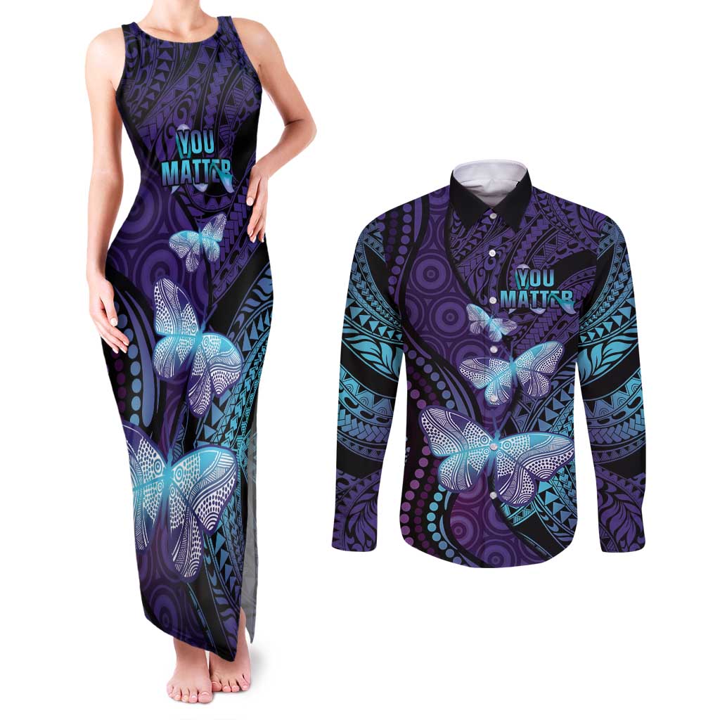 You Matter Suicide Prevention Awareness Couples Matching Tank Maxi Dress and Long Sleeve Button Shirt Butterfly Aboriginal Mix Polynesian Pattern LT14 Purple - Polynesian Pride