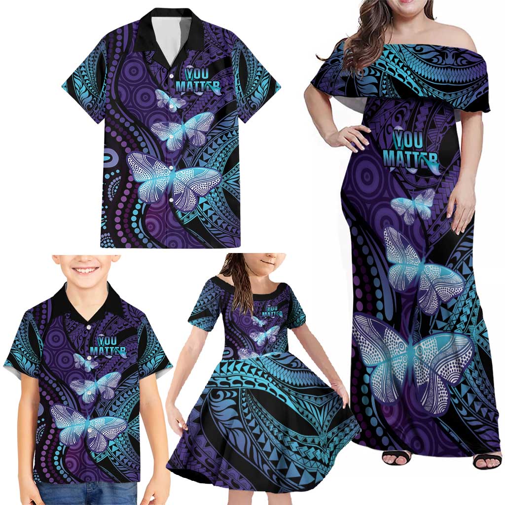 You Matter Suicide Prevention Awareness Family Matching Off Shoulder Maxi Dress and Hawaiian Shirt Butterfly Aboriginal Mix Polynesian Pattern LT14 - Polynesian Pride