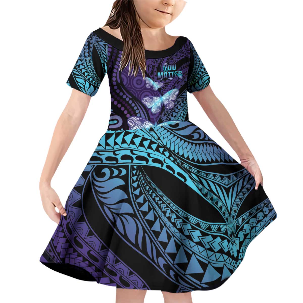 You Matter Suicide Prevention Awareness Family Matching Off Shoulder Short Dress and Hawaiian Shirt Butterfly Aboriginal Mix Polynesian Pattern LT14 Daughter's Dress Purple - Polynesian Pride