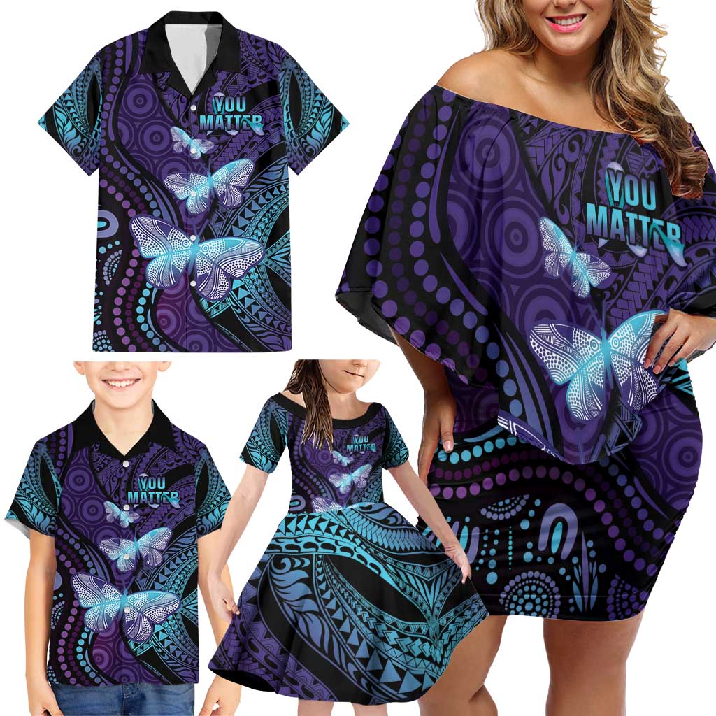 You Matter Suicide Prevention Awareness Family Matching Off Shoulder Short Dress and Hawaiian Shirt Butterfly Aboriginal Mix Polynesian Pattern LT14 - Polynesian Pride