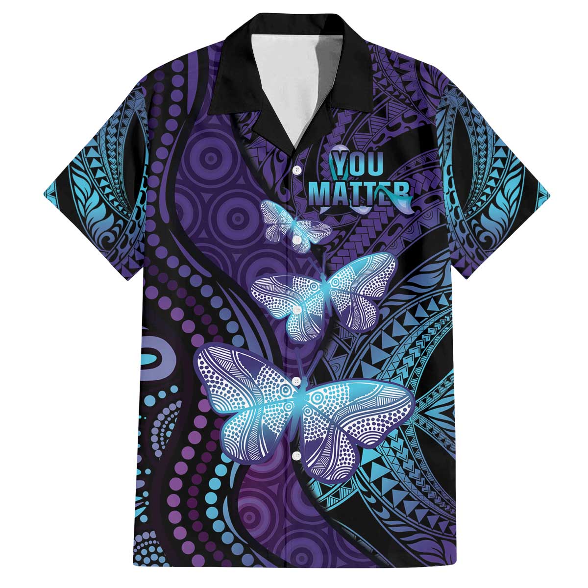 You Matter Suicide Prevention Awareness Family Matching Off Shoulder Short Dress and Hawaiian Shirt Butterfly Aboriginal Mix Polynesian Pattern LT14 Dad's Shirt - Short Sleeve Purple - Polynesian Pride