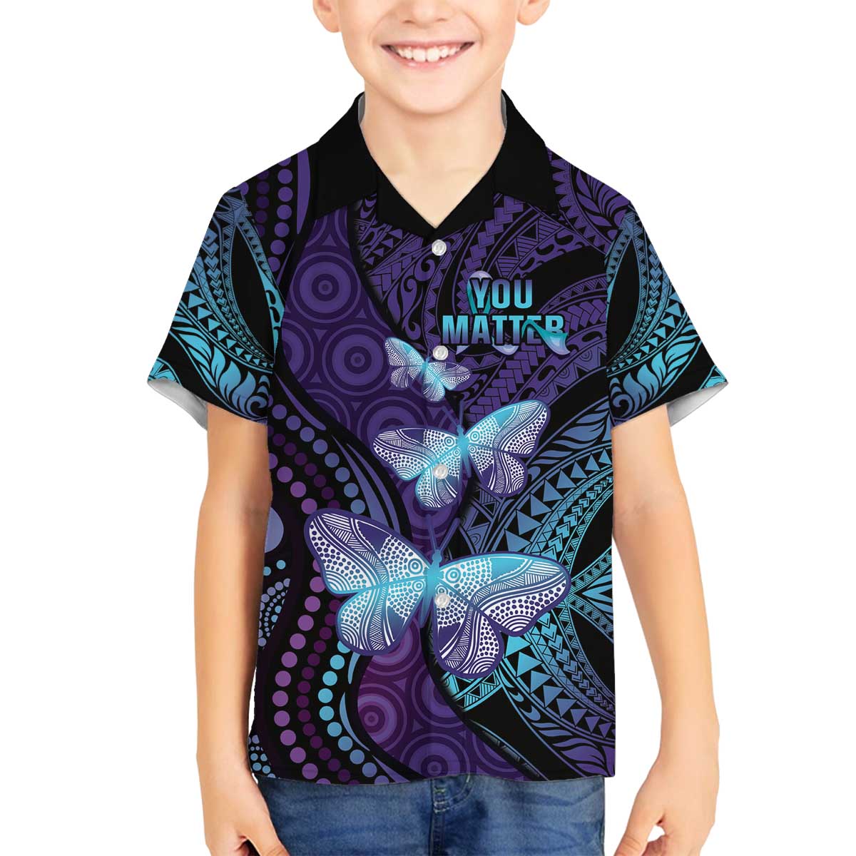 You Matter Suicide Prevention Awareness Family Matching Off Shoulder Short Dress and Hawaiian Shirt Butterfly Aboriginal Mix Polynesian Pattern LT14 Son's Shirt Purple - Polynesian Pride