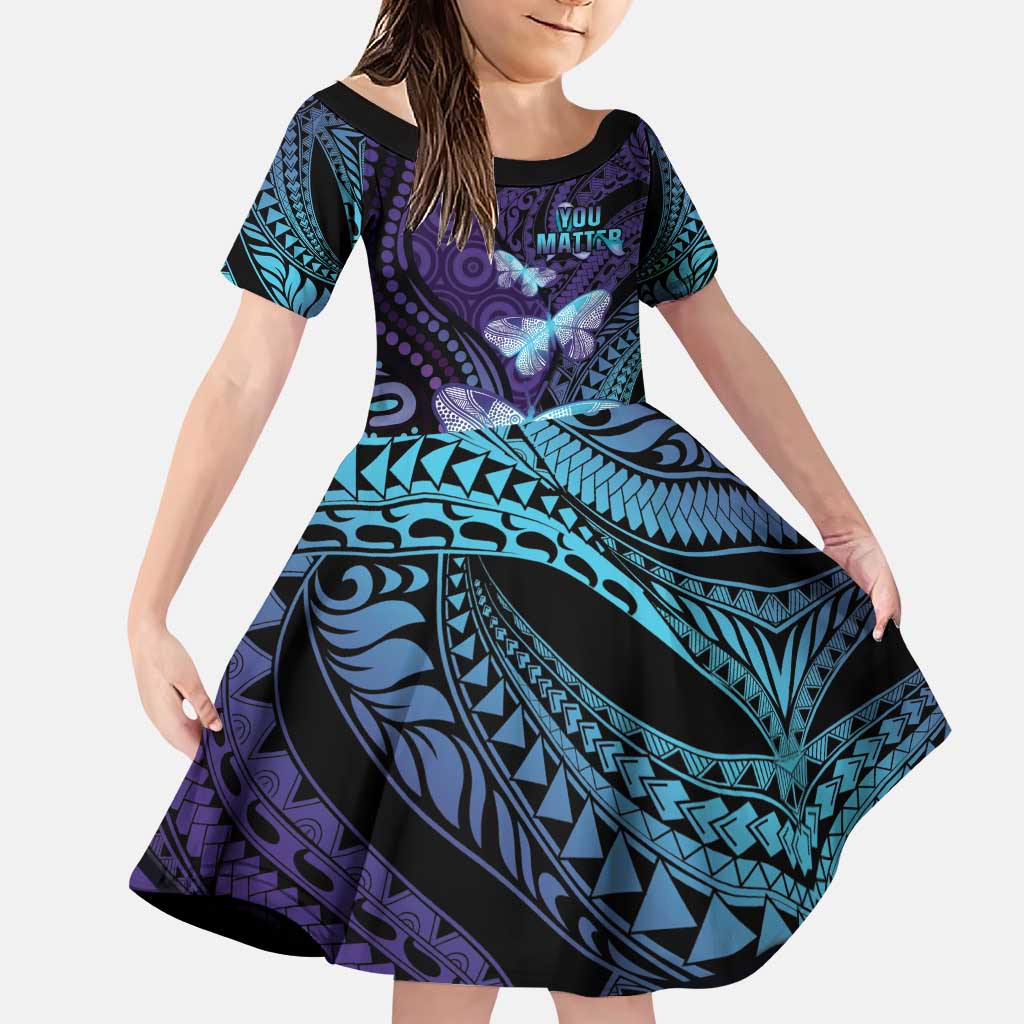 You Matter Suicide Prevention Awareness Family Matching Puletasi and Hawaiian Shirt Butterfly Aboriginal Mix Polynesian Pattern LT14 Daughter's Dress Purple - Polynesian Pride