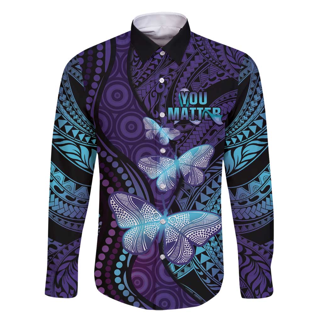 You Matter Suicide Prevention Awareness Family Matching Tank Maxi Dress and Hawaiian Shirt Butterfly Aboriginal Mix Polynesian Pattern LT14 Dad's Shirt - Long Sleeve Purple - Polynesian Pride