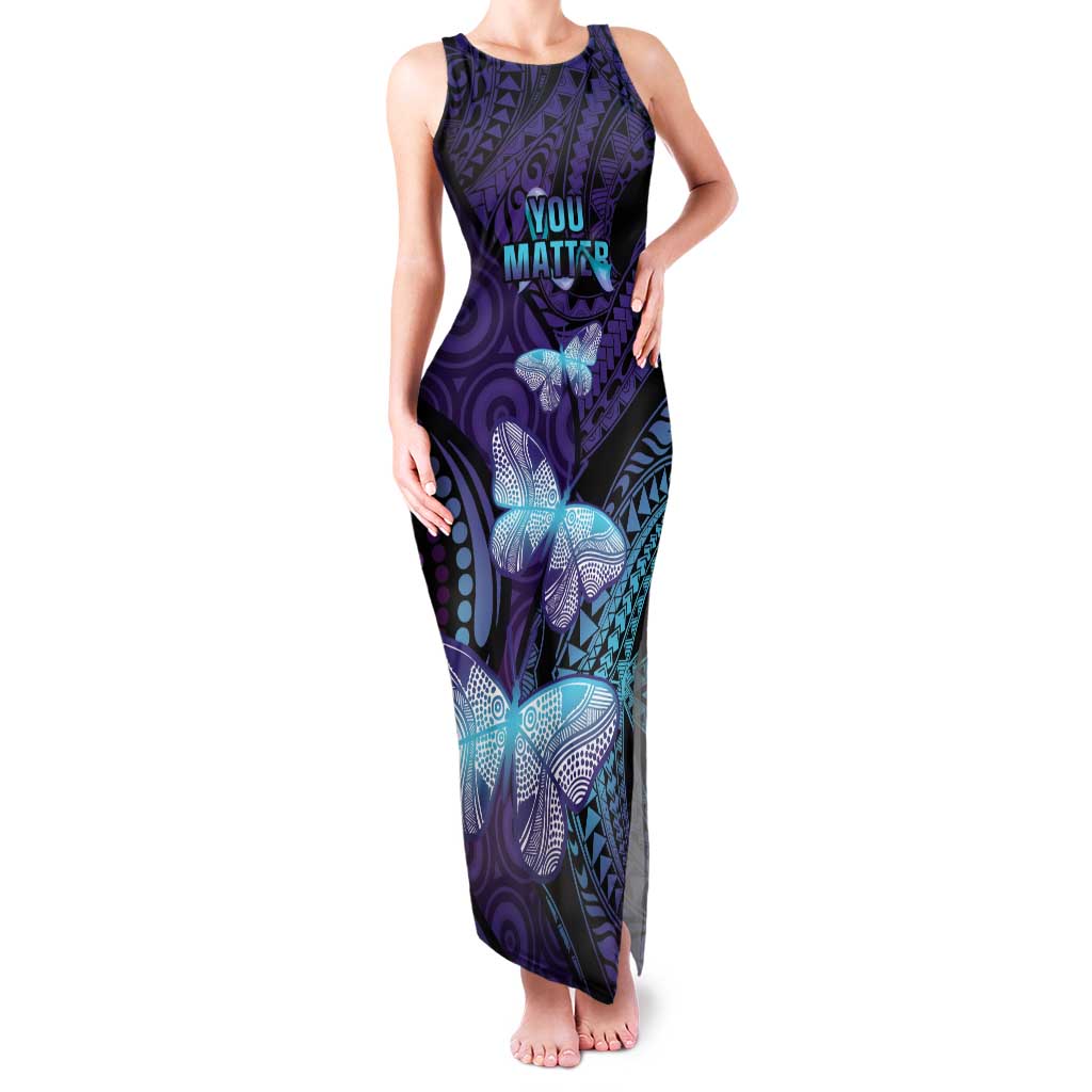 You Matter Suicide Prevention Awareness Family Matching Tank Maxi Dress and Hawaiian Shirt Butterfly Aboriginal Mix Polynesian Pattern LT14 Mom's Dress Purple - Polynesian Pride