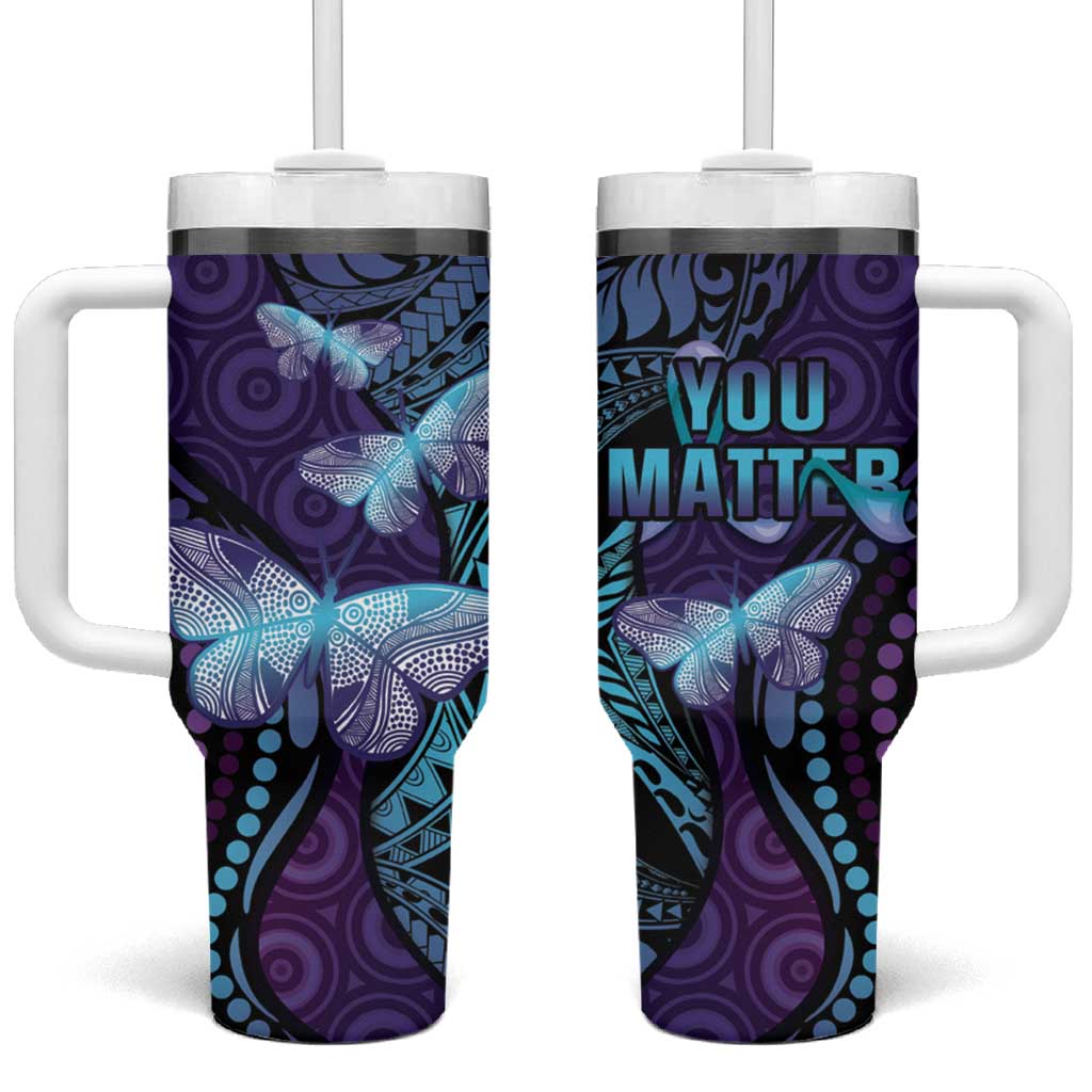 You Matter Suicide Prevention Awareness Tumbler With Handle Butterfly Aboriginal Mix Polynesian Pattern