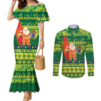 Cook Islands Christmas Couples Matching Mermaid Dress and Long Sleeve Button Shirt Surfing Santa Mere Kiritimiti - Polynesian Pride