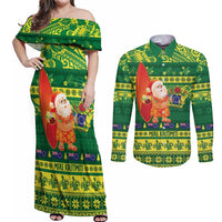 Cook Islands Christmas Couples Matching Off Shoulder Maxi Dress and Long Sleeve Button Shirt Surfing Santa Mere Kiritimiti - Polynesian Pride