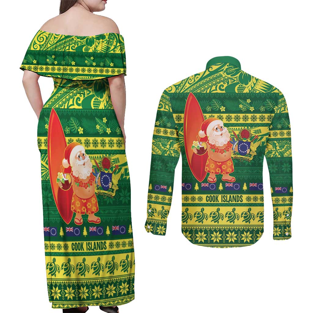 Cook Islands Christmas Couples Matching Off Shoulder Maxi Dress and Long Sleeve Button Shirt Surfing Santa Mere Kiritimiti - Polynesian Pride