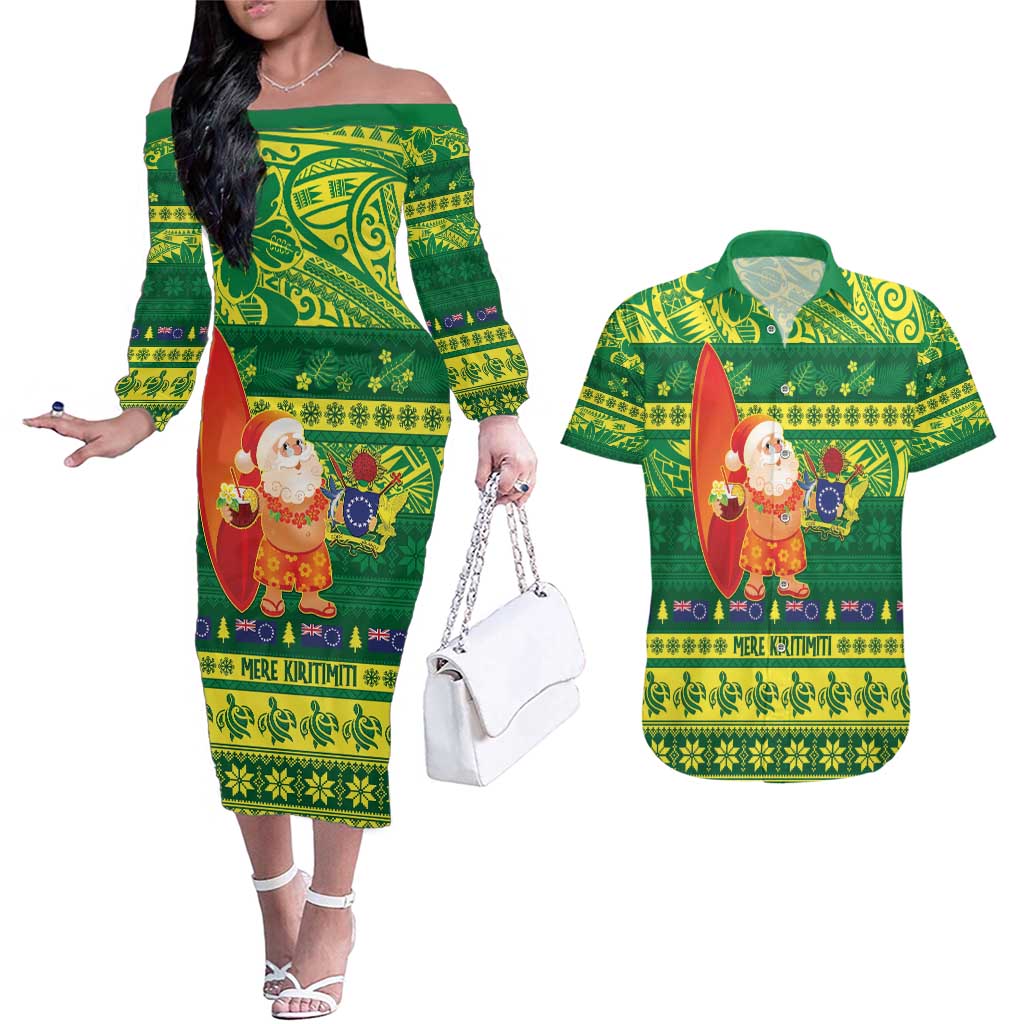 Cook Islands Christmas Couples Matching Off The Shoulder Long Sleeve Dress and Hawaiian Shirt Surfing Santa Mere Kiritimiti - Polynesian Pride