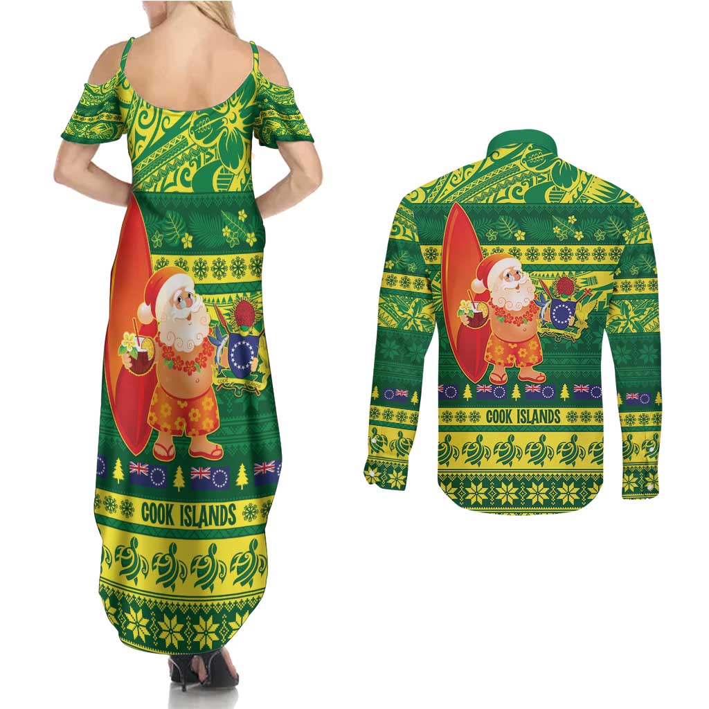 Cook Islands Christmas Couples Matching Summer Maxi Dress and Long Sleeve Button Shirt Surfing Santa Mere Kiritimiti - Polynesian Pride