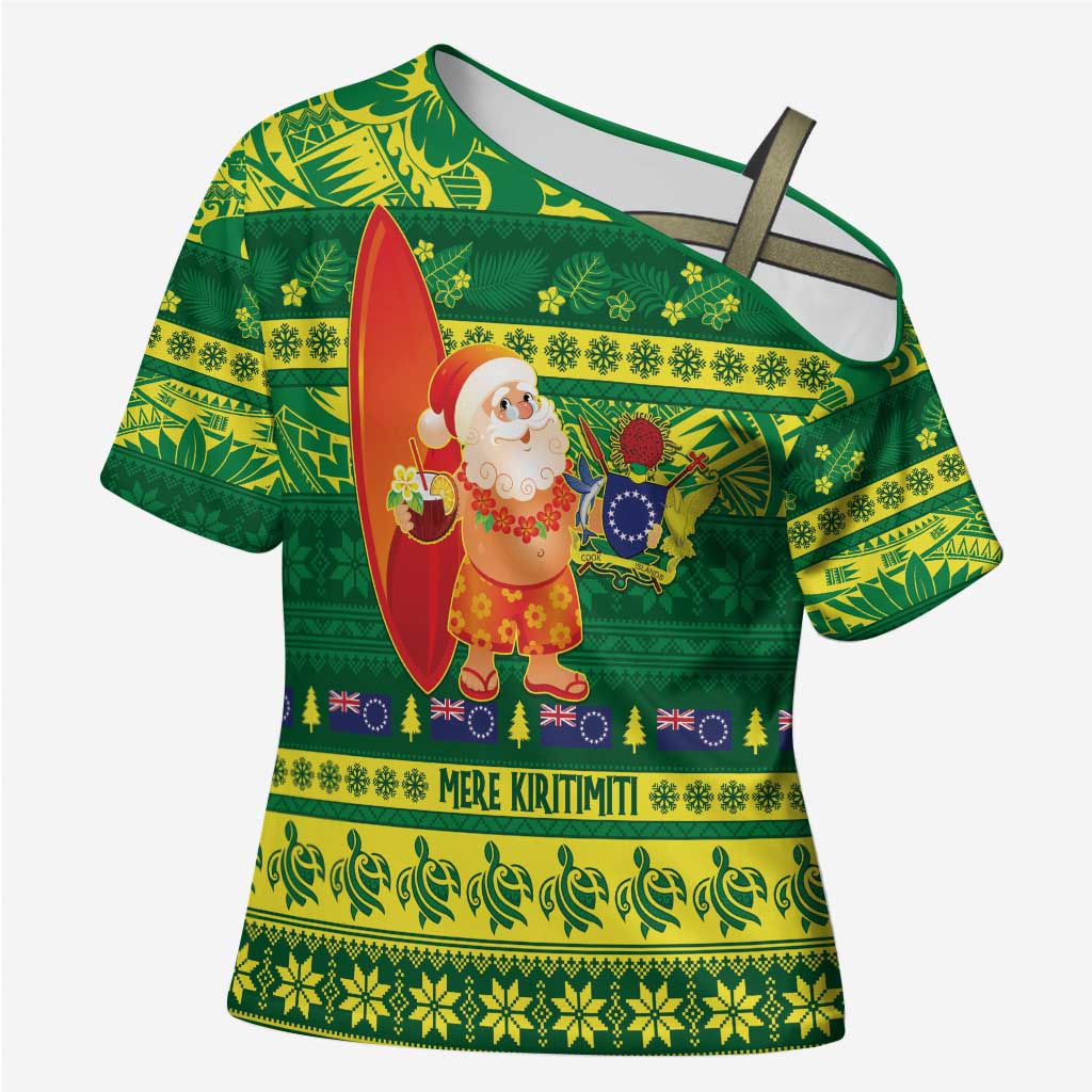 Cook Islands Christmas Cross Shoulder Shirt Surfing Santa Mere Kiritimiti - Polynesian Pride