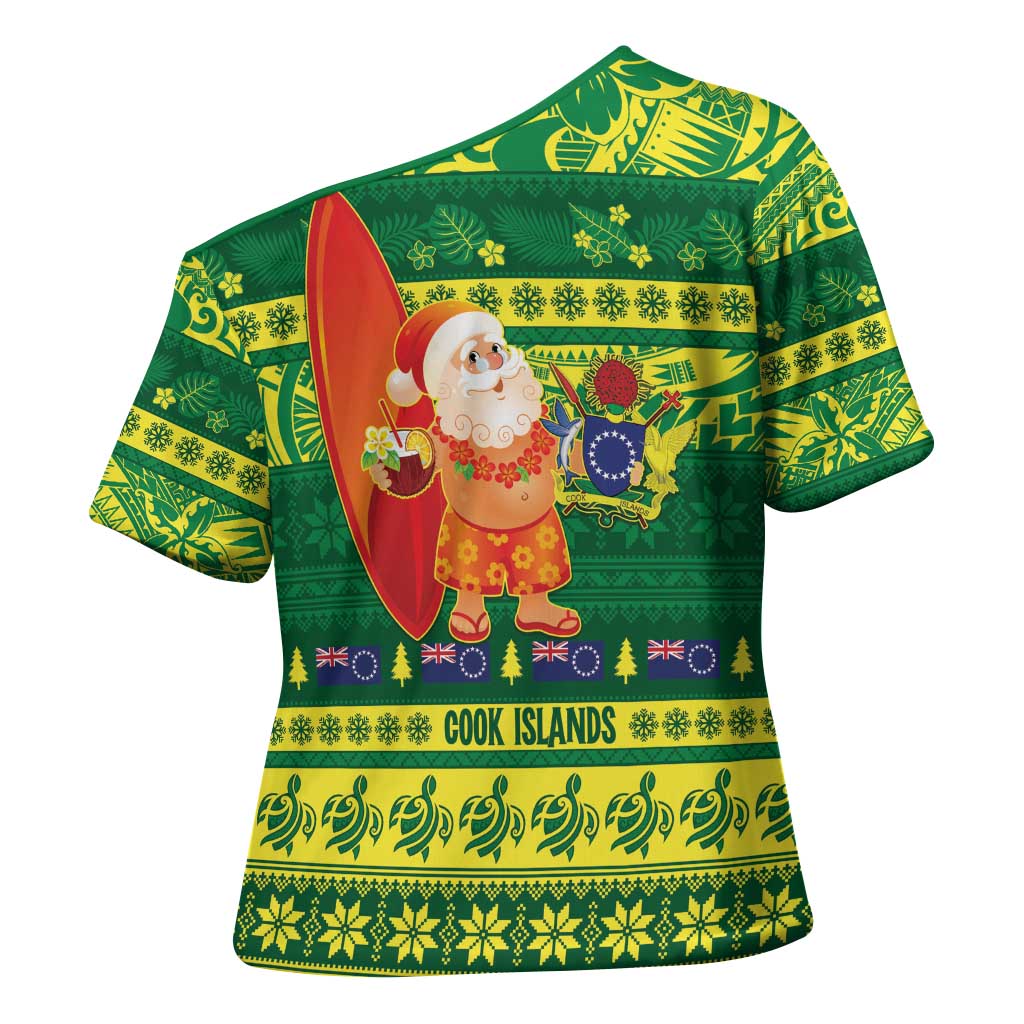 Cook Islands Christmas Cross Shoulder Shirt Surfing Santa Mere Kiritimiti - Polynesian Pride