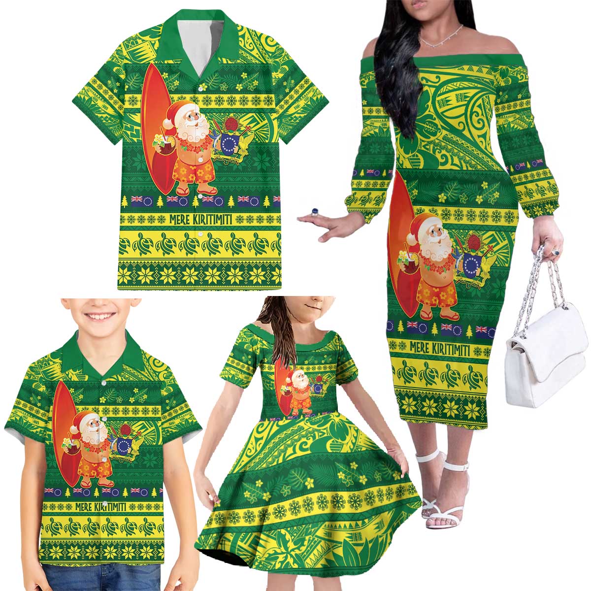 Cook Islands Christmas Family Matching Off The Shoulder Long Sleeve Dress and Hawaiian Shirt Surfing Santa Mere Kiritimiti - Polynesian Pride