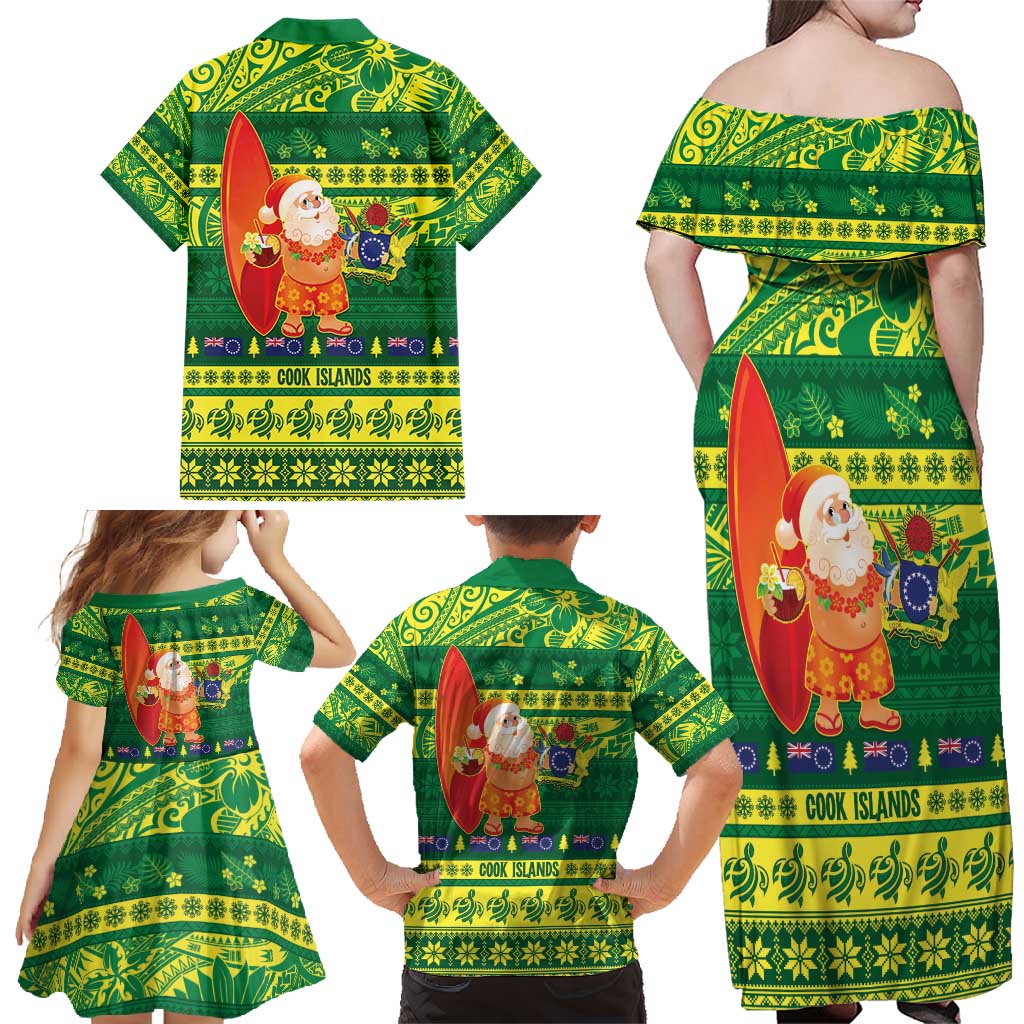 Cook Islands Christmas Family Matching Off Shoulder Maxi Dress and Hawaiian Shirt Surfing Santa Mere Kiritimiti - Polynesian Pride