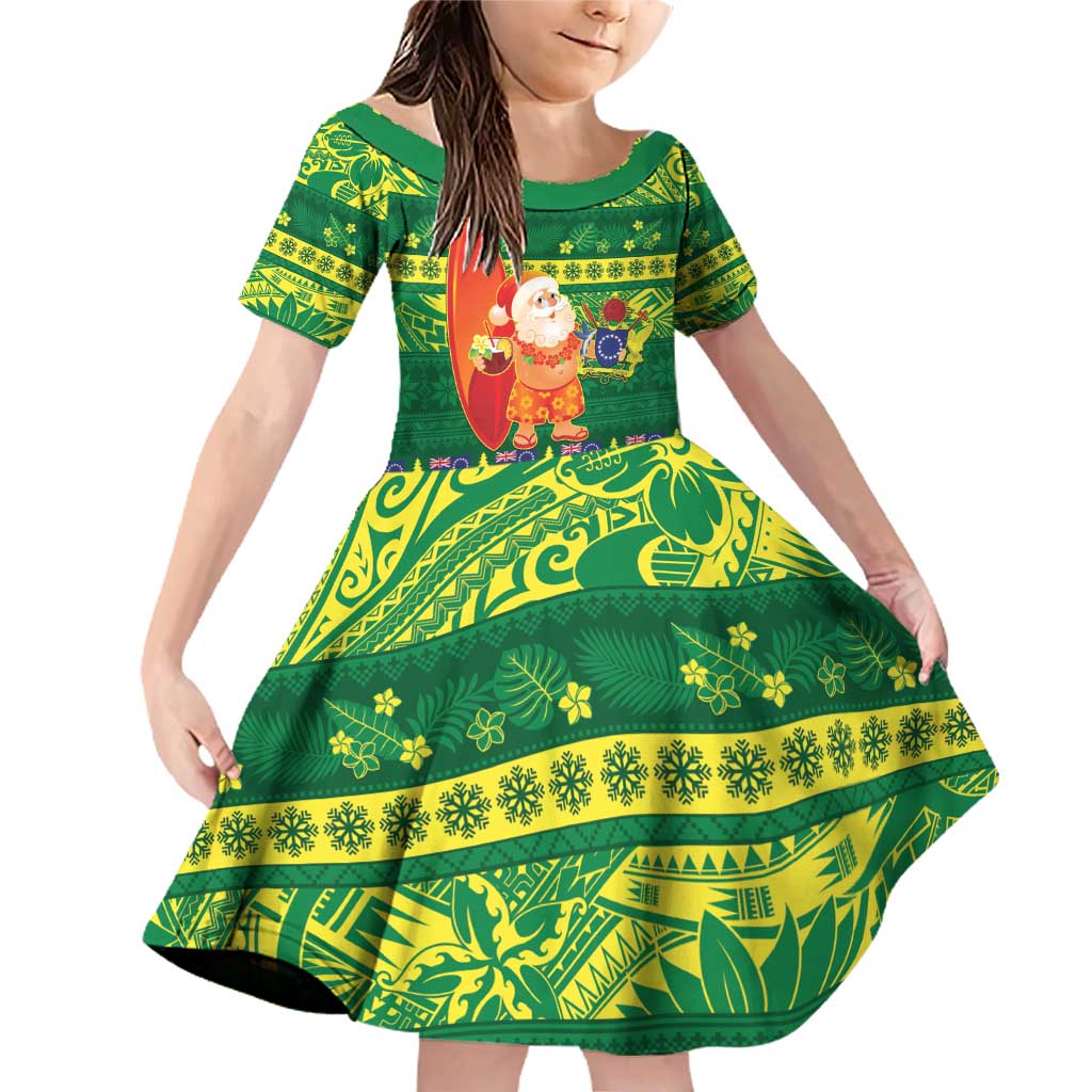Cook Islands Christmas Family Matching Off Shoulder Short Dress and Hawaiian Shirt Surfing Santa Mere Kiritimiti - Polynesian Pride
