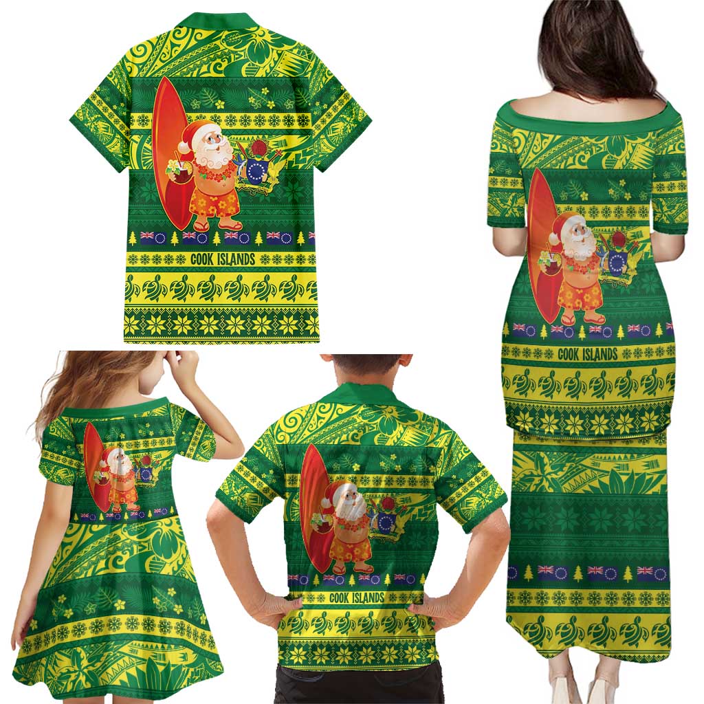 Cook Islands Christmas Family Matching Puletasi and Hawaiian Shirt Surfing Santa Mere Kiritimiti - Polynesian Pride