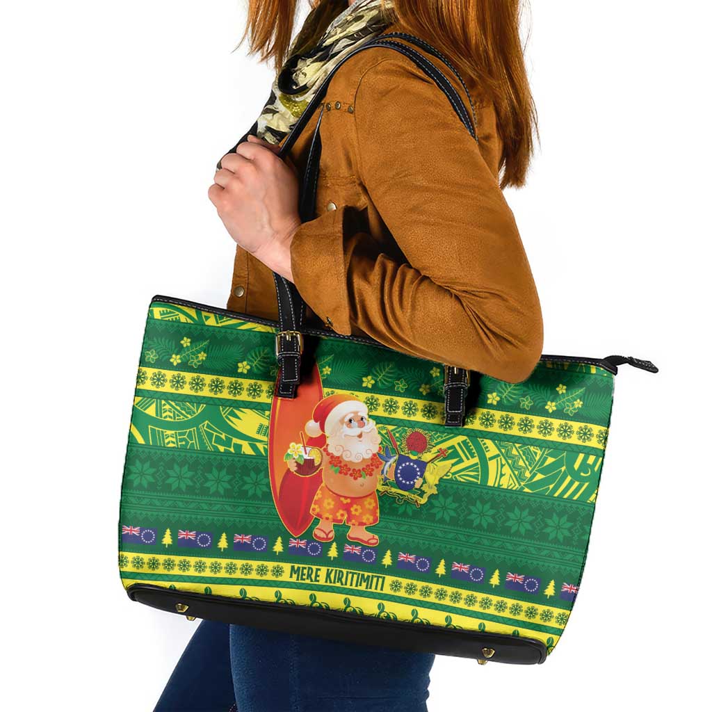 Cook Islands Christmas Leather Tote Bag Surfing Santa Mere Kiritimiti - Polynesian Pride